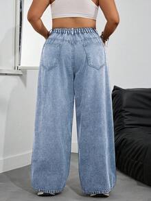 SHEIN EZwear Plus Size Casual Washed High Waist Wide Leg Jeans - Blue - View 2