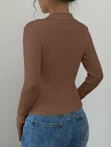 Elenzga Cardigan Kasual Warna Polos dengan Kerah Lipat dan Lengan Mengembang, Pas Badan, Musim Gugur - Khaki - View 2