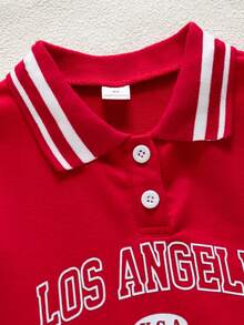 SHEIN Explorewe 年轻女孩字母条纹印花褶皱长袖连衣裙 - 紅色 - 查看 4