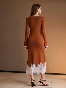 MOTF PREMIUM WOMEN'S LACE PATCHWORK FITTED KNIT DRESS, AUTUMN/WINTER - Orange - View 6