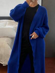 EURMUSE Women's Casual Solid Color Drop Shoulder Cardigan, Autumn/Winter - Blue - View 4