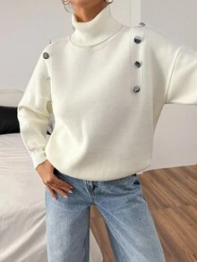 Elegant Turtle Neck Gold Button Details On Shoulders Solid Color Cozy Warm Sweater For Fall Winter Women Office Chic White Women White Sweater Women White Knit Sweater Womens White Jumper Turtleneck Sweater White Turtleneck Sweater Women,Jumpers,Women's Jumpers