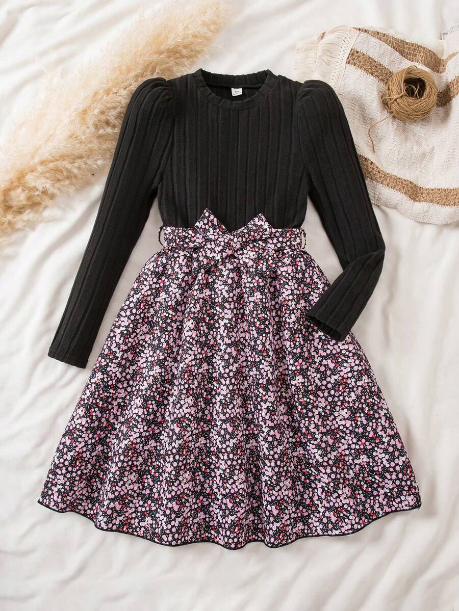 SHEIN 1 Stück Mädchen Rundhals Langarm Geripptes Strick Patchwork Kleid mit Blumen Saum, süß & damenhaft, Herbst