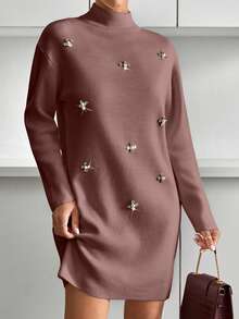 EURMUSE Damen Strickkleid mit Perlendetails und halbem Rollkragen - Altrosa - Übersicht 3