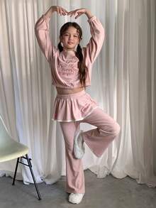 DAZY 女童刺绣圆领针织运动衫套装，青少年女孩秋季服装 - 粉色 - 查看 2