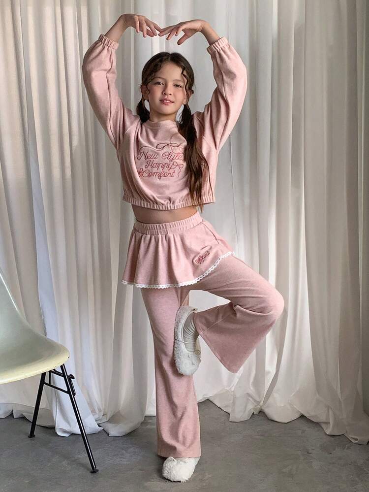 Girls Embroidered Crew Neck Knit Sweatshirt Set, Tween Girl Fall Clothes