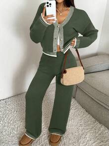 SHEIN EZwear Women's Casual Commuting Contrast Striped Trim Button Cardigan And Wide Leg Pants 2 Pieces Set, Autumn/Winter Knit Two Piece Set Two Piece Set Women Comfy Green Set Women 2 Piece Lounge Sets Woman Green 2 Piece Set,Fall,Fall Clothes For Women