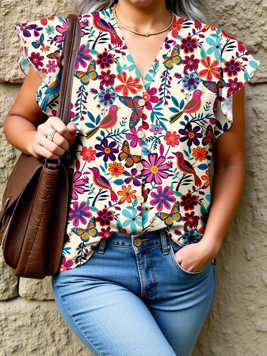 EMERY ROSE Áo sơ mi họa tiết hoa cổ điển thường ngày cỡ lớn dành cho nữ, phù hợp cho mùa hè - Nhiều màu - Xem 1