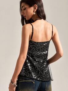 Easelle 女士黑色网眼圆点吊带背心 - 黑色 - 查看 2
