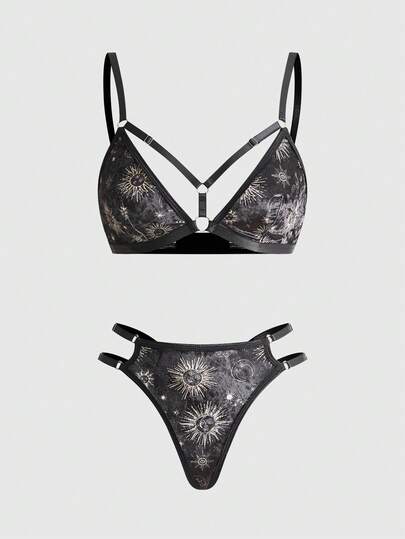 Gothic Sun & Moon Star Velvet Bralette And Thong Lingerie Set