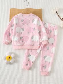 Cozy Pixies Set de 2 piezas con sudadera de cuello redondo de manga larga y pantalón jogger de cintura elástica con estampado floral para niña joven - Rosa - Ver 2