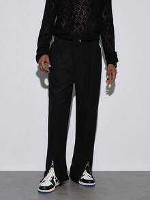 Modcrash Calça Larga de Verão Masculina de Veludo Canelado com Zíper e Fenda, Calça Longa Casual Esportiva Versátil de Cor Sólida - Preto - Visão 3