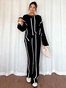 Selianne Elegant Long Sleeve Round Neck Top And Wide Leg Pants 2 Pieces Set For Women - Black - View 4