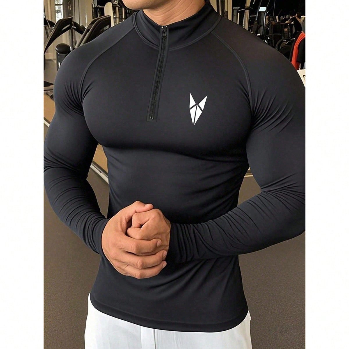 Camiseta deportiva para hombres, de tela de punto negra, de manga larga, con cuello alto, gráfica, ajuste regular, para entrenamiento, gimnasio, comp