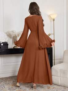 Modelyn Women's Elegant Waist Tie Flared Sleeve Ruffle Hem Dress - Brown - View 2