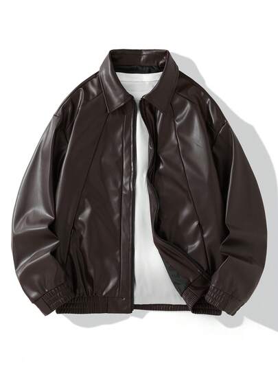 Manfinity Hypemode 男士纯色长袖拉链休闲夹克，棕色，街头风，秋冬款