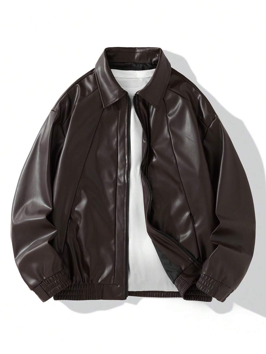 Manfinity Hypemode 男士纯色长袖拉链休闲夹克，棕色，街头风，秋冬款 - 咖啡棕 - 查看 1