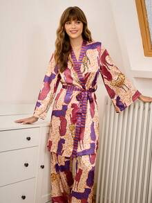 Chillnights Fashionable Casual Colorful Leopard Print & Striped Patchwork Long Sleeve Robe & Pants 2 Pieces Pajama Set For Women, Fall Winter Clothes - Blue - View 3