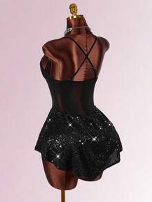 Amplova 女式时尚性感亮片拼接露背吊带迷你连衣裙 - 黑色 - 查看 2