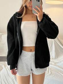 SHEIN Áo nỉ chui đầu dáng rộng thoải mái dành cho nữ tuổi teen, thiết kế tối giản, phù hợp cho hoạt động giải trí và tập luyện. - màu đen - Xem 8