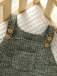 SHEIN 一件时尚男婴针织连体衣，休闲混色设计，舒适背带裤，时尚实用的婴儿套装，男婴背带裤套装，复古男婴背带裤，绿色长袖衬衫套装 - 綠色 - 查看 3