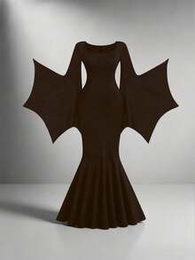 EMERY ROSE Plus Size Women Gothic Style Witch Dress, Vintage Batwing Sleeve Scoop Neck Robe, New Halloween Mermaid Tail Elastic Long Robe - Coffee Brown - View 4