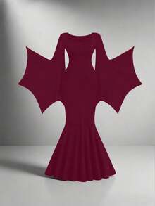 EMERY ROSE Vestido de bruja estilo gótico talla grande para mujer, bata de cuello de barco de manga de murciélago vintage, nueva bata larga elástica de cola de sirena para Halloween - Burdeos - Ver 4