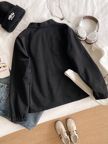 Tween Girl Casual Everyday Commute Zip-Up Fleece Jacket, Autumn/Winter - Black - View 2