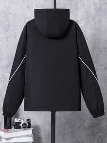 1pc Teenage Boys' Black Hooded Jacket, Contrast Stripe Design, Casual HOOGE STYLE Label, Fashionable Streetwear, Versatile - Black - View 2