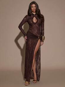 SHEIN BAE 女式时尚性感蕾丝高开衩褶饰紧身连衣裙 - 棕色 - 查看 6