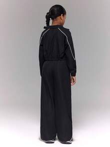 بنطلون فضفاض + جاكيت قصير ياقة عالية بتصميم أبيض وأسود متباين، مناسب للفتيات المراهقات للاستخدام اليومي في المدرسة والرياضة والشارع في فصلي الخريف والشتاء - الأسود - مشاهدة 2