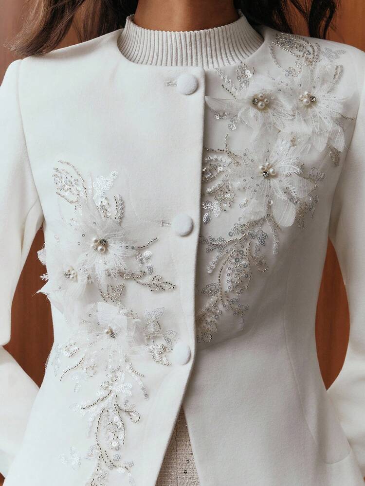 Women's Short White Round Neck Elegant Overcoat With Decorative 3D Floral Design And Single-Breasted Waist Cinching, Autumn/Winter