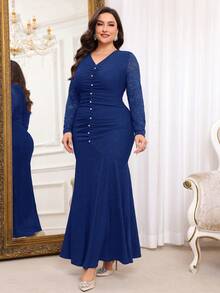 Modelyn Đầm dạ hội dài ren tương phản cổ chữ V cỡ lớn cho nữ, viền đuôi cá xếp nếp thanh lịch - Xanh đậm - Xem 3