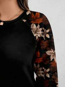 EMERY ROSE Vintage Maple Leaf Print Casual Minimalist Plus Size Women Raglan Sleeve Crew Neck Sweatshirt, Black Long Sweatshirt For Autumn/Winter Plus Size Casual Dress - Multicolor - View 6
