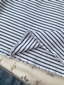 SHEIN Áo thun croptop tay dài cổ tròn kẻ sọc đơn giản dành cho bé gái tuổi mới lớn, áo thun tay raglan kẻ sọc - Màu xanh hải quân - Xem 6