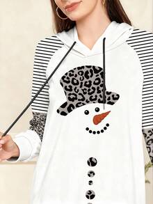 Modelyn Christmas Snowman Graphic & Leopard Print Sweatshirt Raglan Sleeve Maxi Dress For Women, Spring/Autumn - Multicolor - View 3