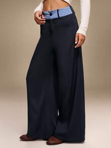 Hanevo 女式休闲纯色拼布格子运动裤 - 寶藍色 - 查看 1