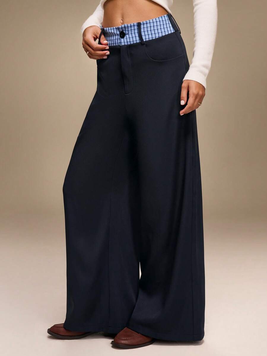 Hanevo 女式休闲纯色拼布格子运动裤 - 寶藍色 - 查看 1