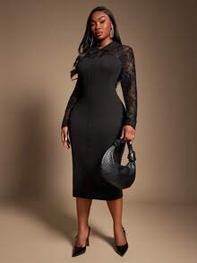 SHEIN SXY Abito midi nero da donna con colletto a camicia, decorazione con bottoni e inserti in pizzo, maniche lunghe, adatto per l'autunno/inverno, taglie comode - nero - Visualizzare 3