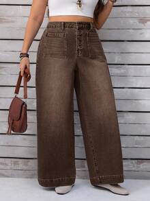 EMERY ROSE Plus Size Casual Everyday Washed Button Fly Wide Leg Jeans, Autumn - Coffee Brown - View 7