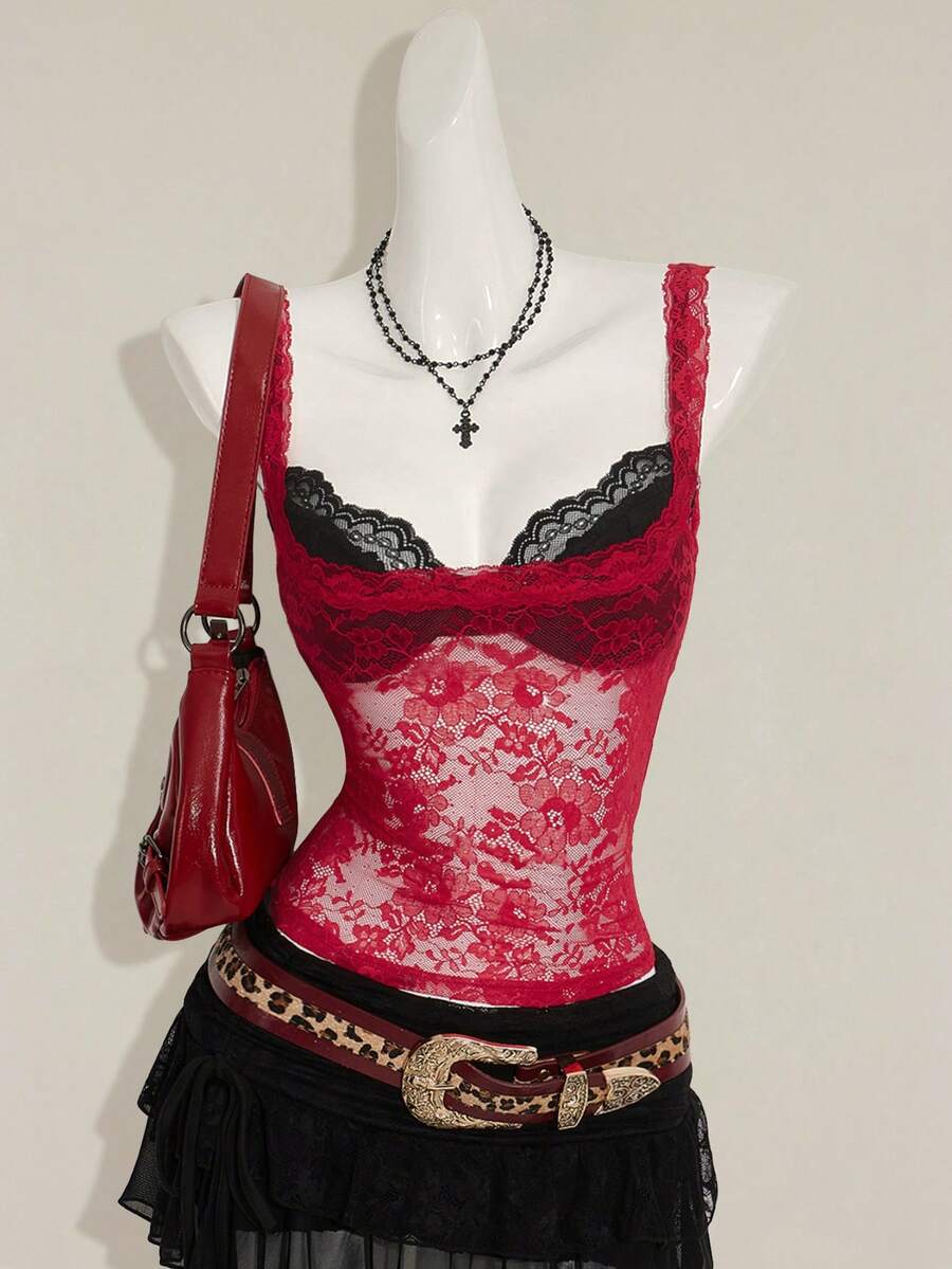 SHEIN ICON Women's Red Lace Semi-Sheer Camisole, Paired With Black Lace Spaghetti Strap Top, 2 Pieces Set,Sexy Tops - Red and Black - View 1