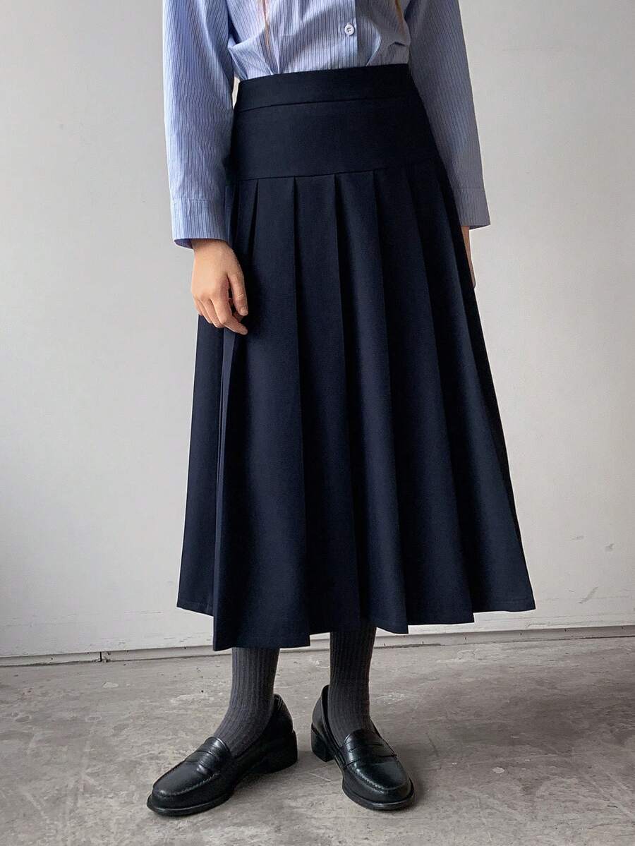 DAZY Sophisticated Pleated Midi Skirt In Navy Blue For Tween Girls - Navy Blue - View 1