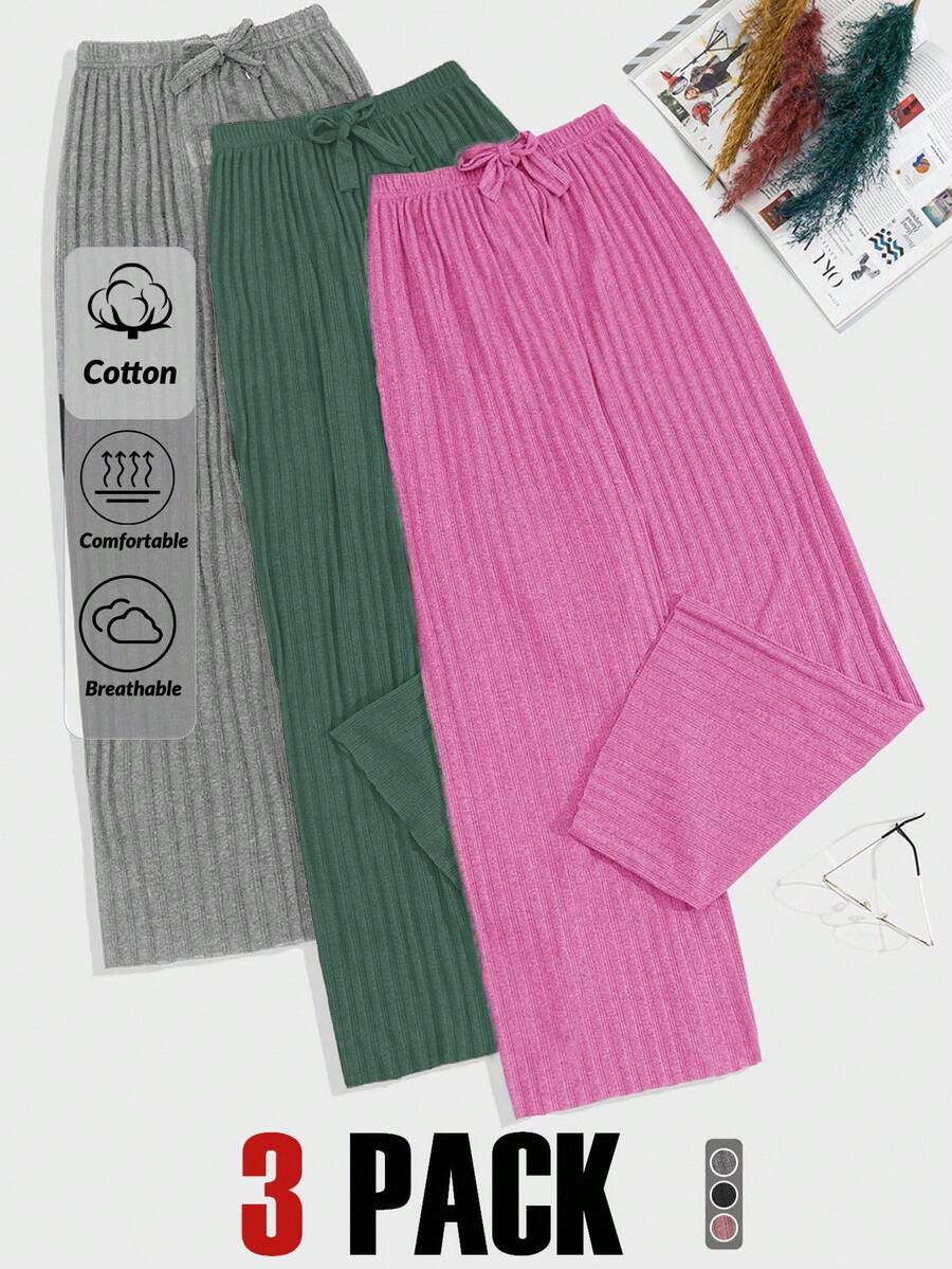 Loomlin 100%Cotton 3 Pcs Solid Knit Pant Set Lounge Pants For Women Sleep Pants Cotton Pajama Pants Ribbed Knit Pants - Multicolor - View 1