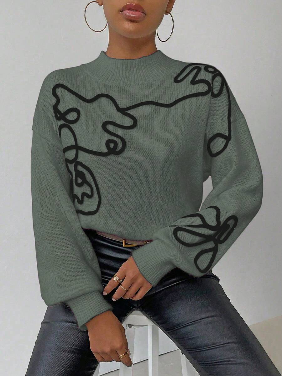 SHEIN LUNE Women's Applique Color Block Stand Collar Elegant Long Sleeve Pullover Sweater - Olive Green - View 1