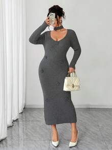 Elenzga Vestido de suéter de punto acanalado con cuello redondo, manga larga, ajustado, con estampado floral en bloques de color talla grande - Gris - Ver 4