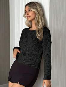 EURMUSE Áo chui đầu móc len cổ tròn hở vai màu trơn cho nữ - màu đen - Xem 3