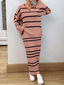 EURMUSE Women Stripe Pattern Collar Neck Drop Shoulder Pullover & Sweater Skirt Set - Dusty Pink - View 3