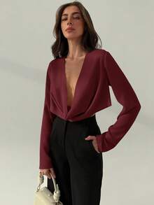 Aloruh 性感深垂领长袖修身女式衬衫，适合办公室和户外穿着 - 酒紅色 - 查看 5