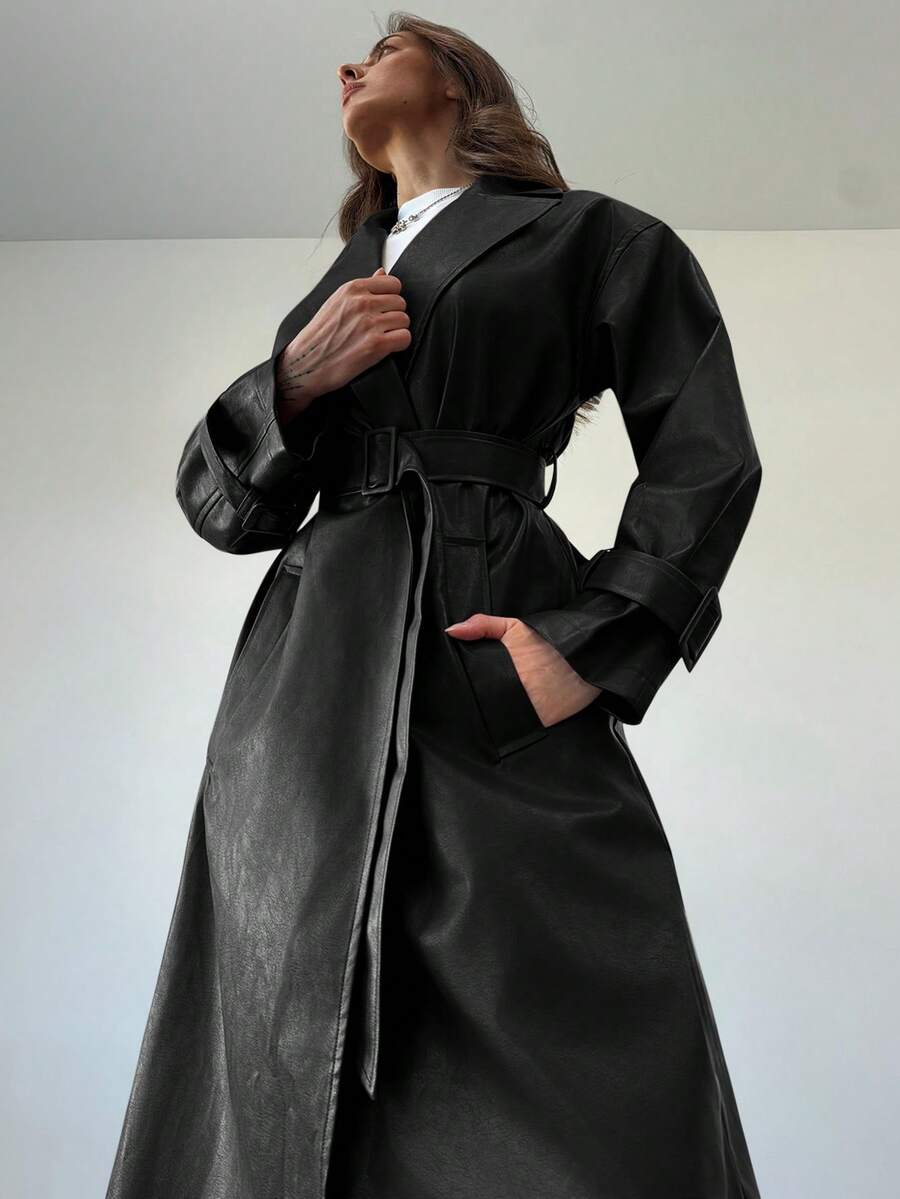 Aloruh 勃艮第酒红色 PU 皮革长款夹克，现代女性街头服饰，秋冬 - 黑色 - 查看 1