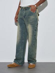 Modcrash Quần jean nam dáng rộng, ống rộng, chất liệu denim mài bạc kiểu cổ điển, có túi, thời trang và đa năng, thích hợp cho mùa xuân đến hè. - Rửa trung bình - Xem 1